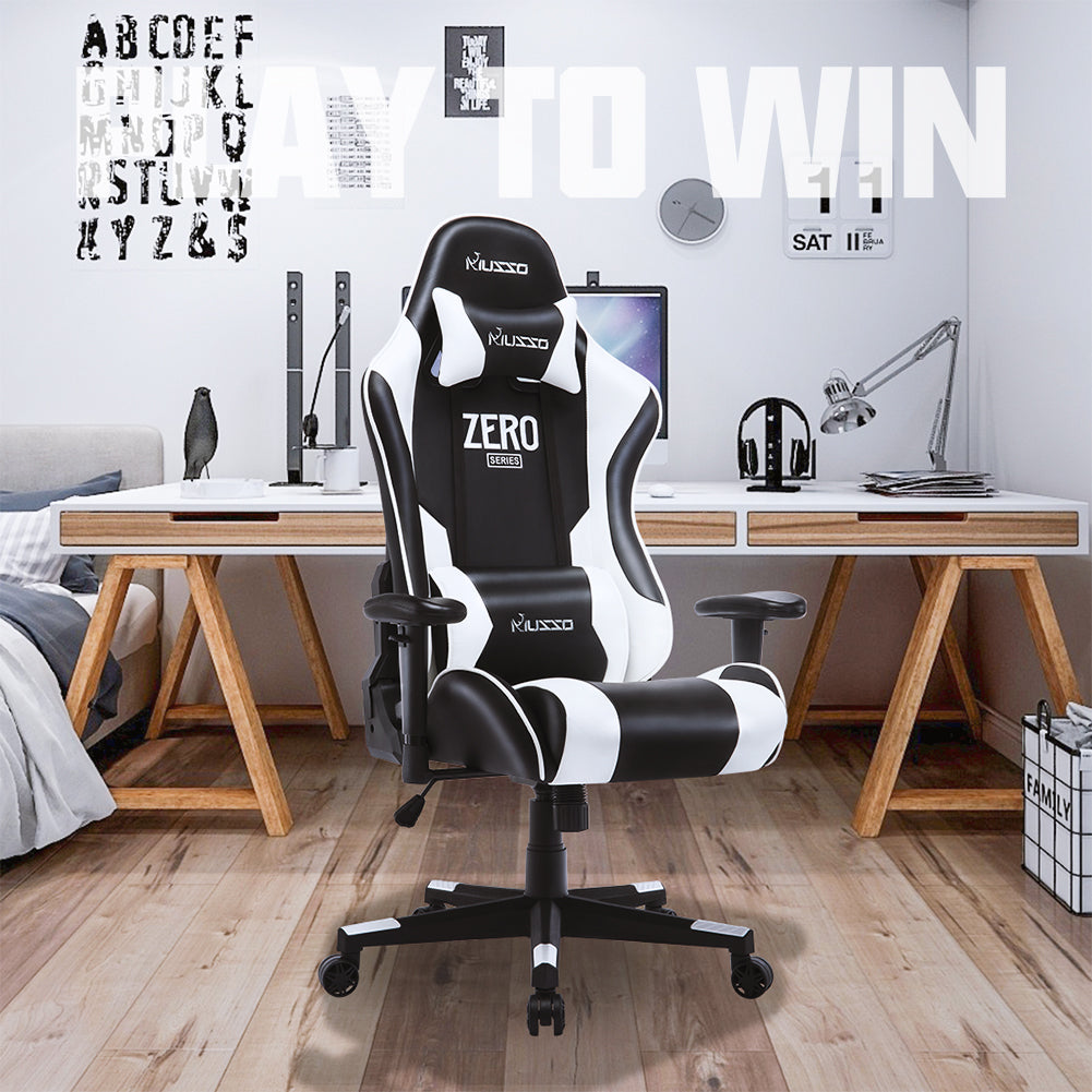 MUSSO ZERO Series Black-White Gaming Chair Headrest Adjustable Arms Sturdy Base Ergonomic Support for Extended Gaming & Office Work Sessions