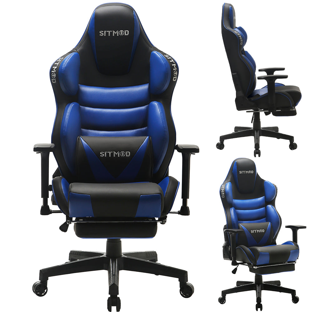 Black-White Ergonomic Gaming Chair Headrest Lumbar Pillow Spine Support Footrest Adjustable for Comfortable Gaming & Office Work Sessions