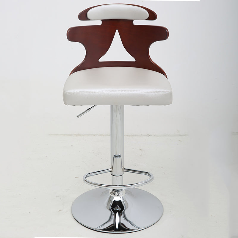 Adjustable Height Bar Stool Bentwood Cutout Backrest White Leather Cushion & Chrome Disc Base