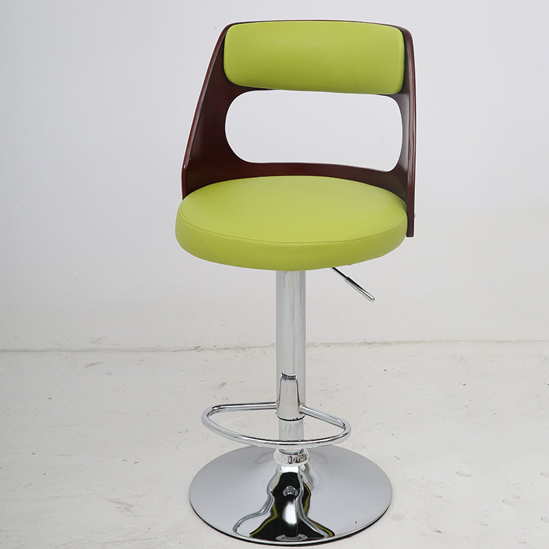 Adjustable Height Bar Stool Bentwood Cutout Backrest Bright Leather Cushion & Chrome Disc Base