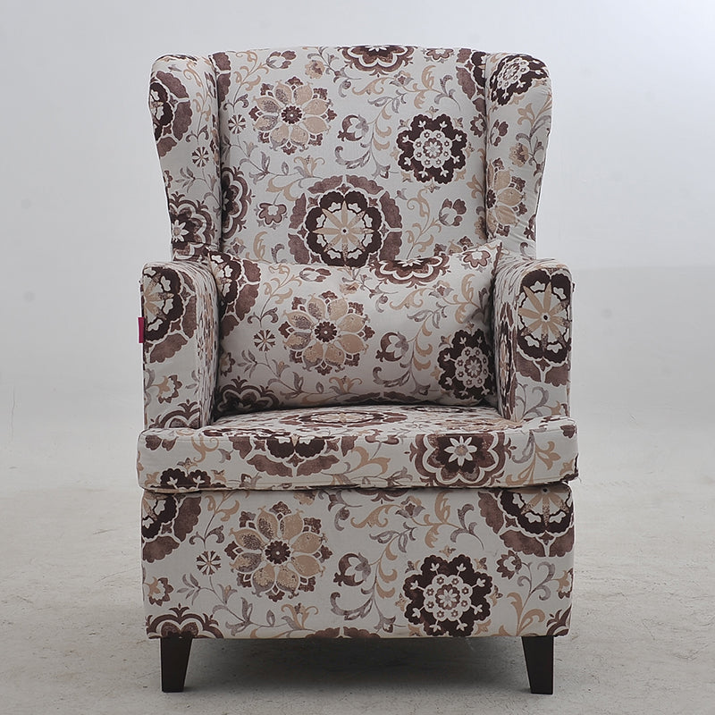 Modern Brown Wingback Armchair: Upholstered Fabric with White Geometric Crackle Pattern, Single Seater for Stylish Living Room/Office Decor