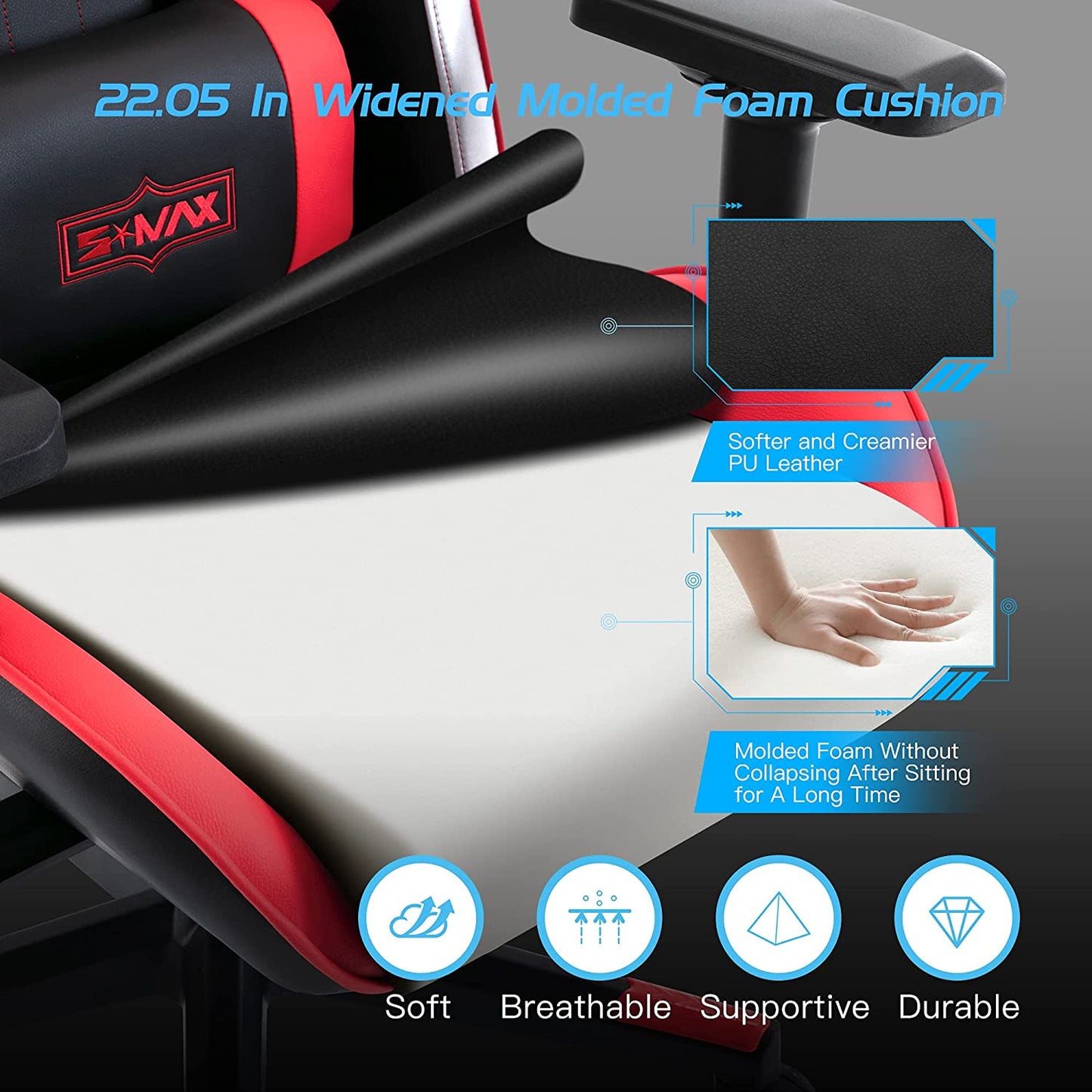 SMAX Ergonomic Gaming Chair 22.05" Widened Molded Foam Cushion with 4D Armrests & Multi-Position Recline