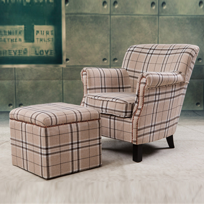 Chic Plaid Wingback Armchair & Ottoman Set Beige Brown Check Fabric Rivet Trim for Stylish Cozy Living Room Reading Nooks