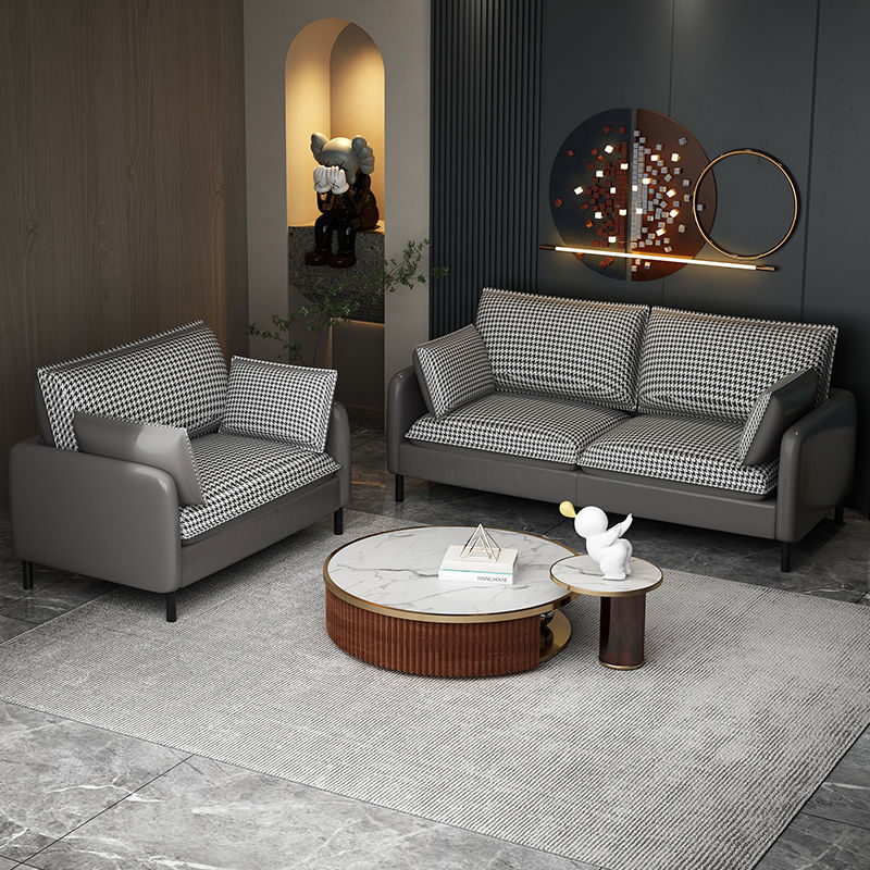 Modern Two-Tone Leather Sofa Modular Set Houndstooth Pattern Options Slim Metal Legs