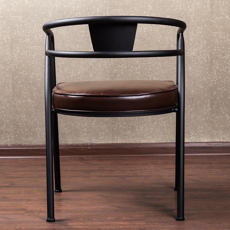 Modern Industrial Armchair Black Metal Frame Brown Leather Cushion & Curved Arm Design