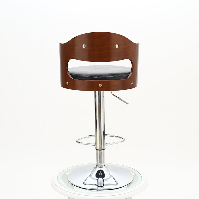 Adjustable Height Bar Stool Bentwood Cutout Backrest Black Leather Cushion & Chrome Disc Base