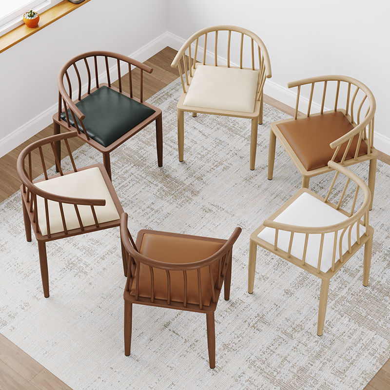 Nordic Slatted-Back Dining Chair Light Wood Frame Curved Armrest & Leather Cushion