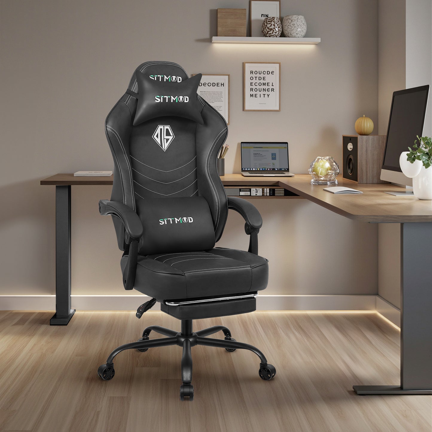 Gaming Chair with Footrest, Computer Task Chairs with Lumbar & Headrest Support, Big and Tall Height Adjustable Gamer Chairs with 360°-Swivel Cushion, PU Leather Office Game Chair for Adults