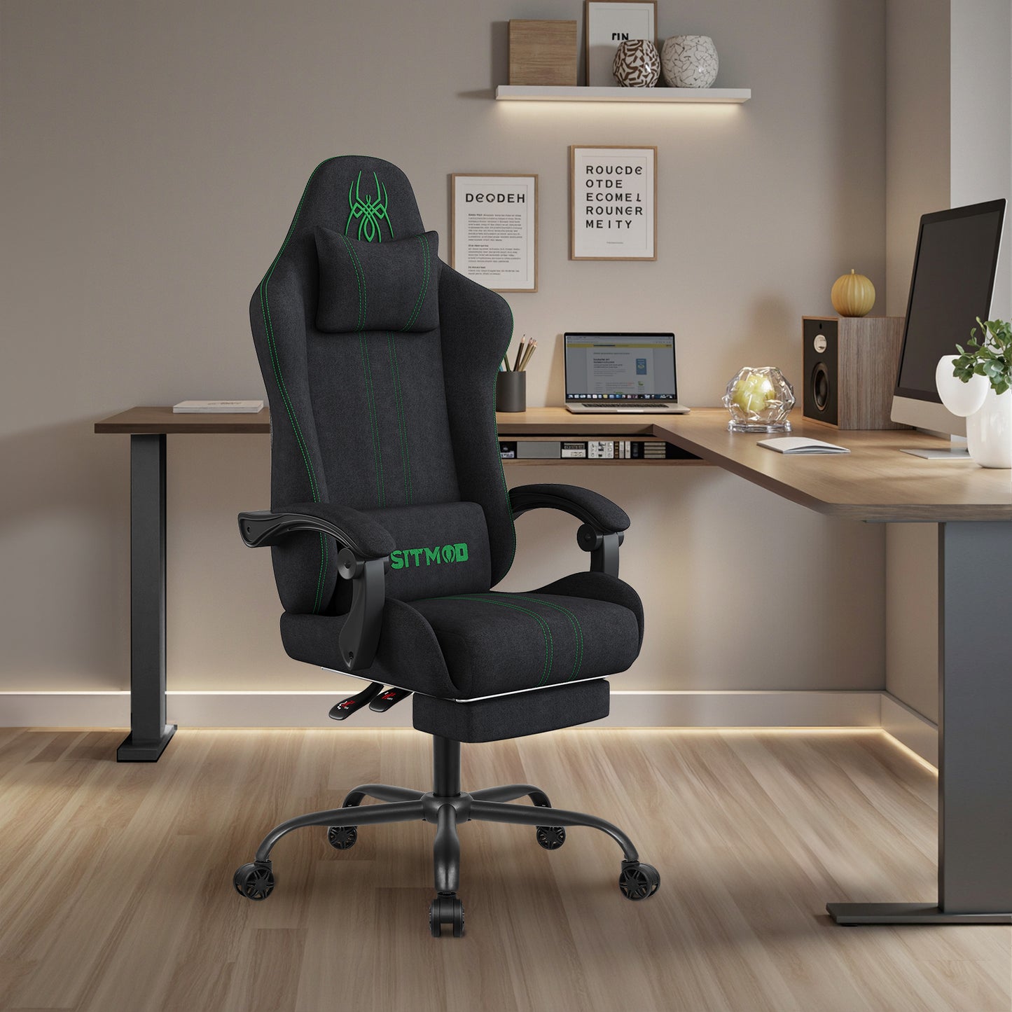 Fabric Gaming Chair with Footrest-Breathable Computer Chair with Headrest & Lumbar Pillow,Big and Tall Ergonomic Gamer Chair for Heavy Adults,22.44" Deep Seat Gaming Chairs for Adults