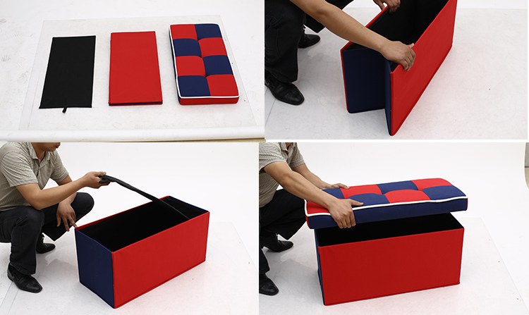Red and Blue Fabric Storage Ottoman with Folding Design-Square Footstool for Home Organization