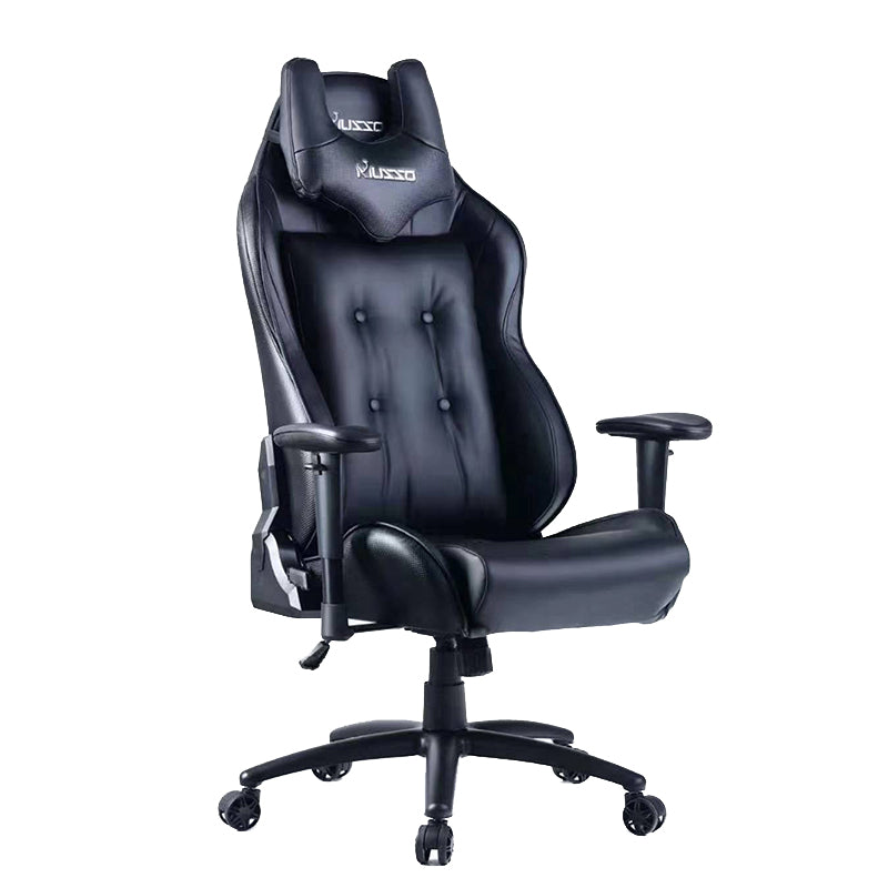 P01-Black MUSSO Leather Gaming Chair with Headrest, Button-Tufted Back, Adjustable Arms, Ergonomic Support for Extended Gaming & Office Work Sessions