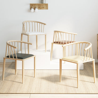 Nordic Slatted-Back Dining Chair Light Wood Frame Curved Armrest & Leather Cushion