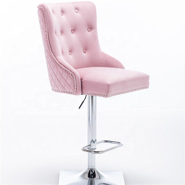 Adjustable Height Bar Stool Tufted Velvet Upholstery Studded Trim & Lion-Head Accent