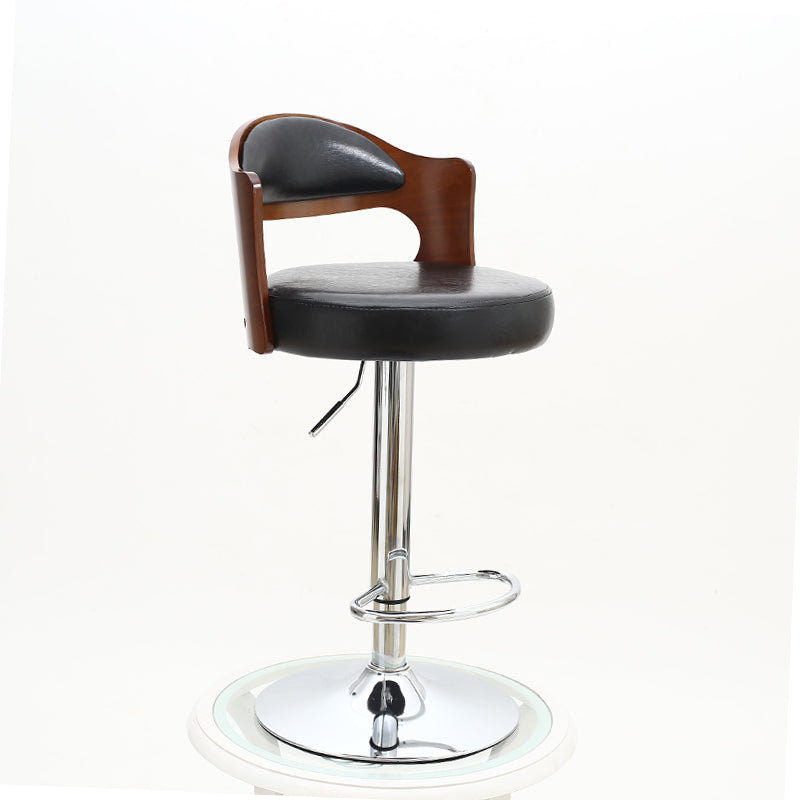 J31 Adjustable Height Bar Stool: Bentwood Cutout Backrest, Black Leather Cushion & Chrome Disc Base
