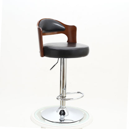 Adjustable Height Bar Stool Bentwood Cutout Backrest Black Leather Cushion & Chrome Disc Base