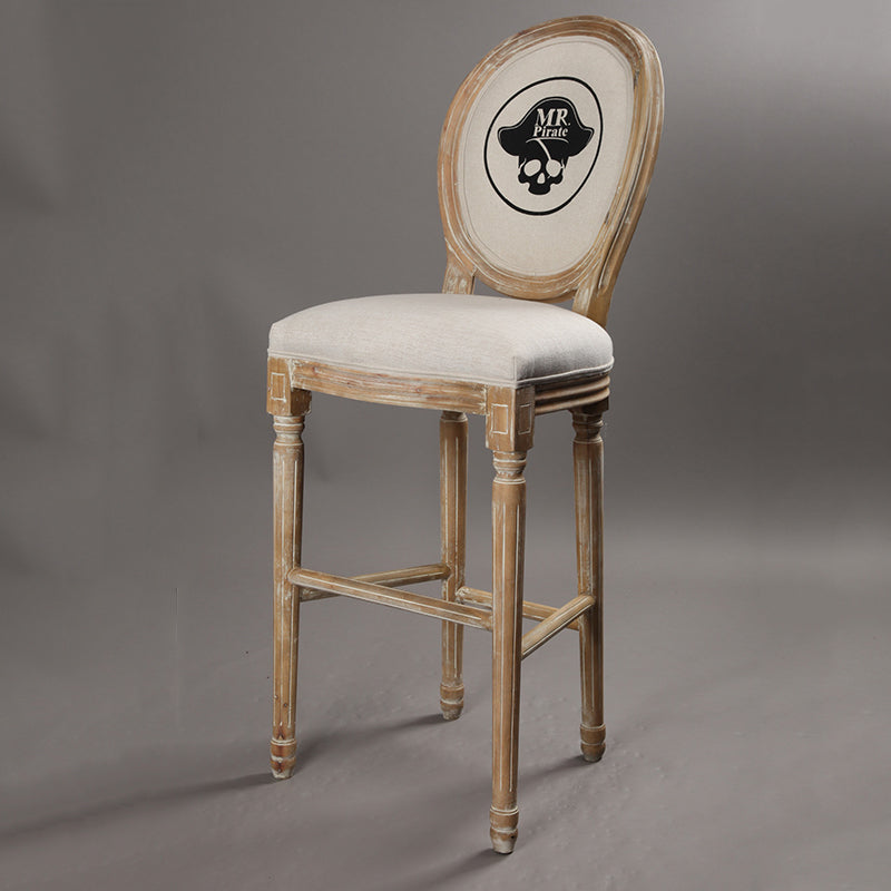 Vintage Wooden Bar Stool with Pirate Skull Design Distressed Finish & Upholstered Seat for Home/Bar