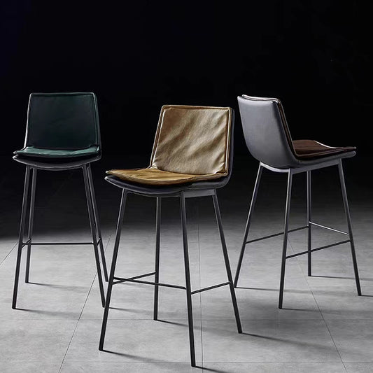 Fixed-Height Leather Bar Stool Retro Textured Upholstery Slim Black Metal Frame for Modern & Luxe Spaces