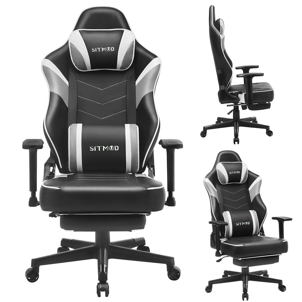 Black Leather Gaming Chair Lumbar Pillow, Footrest Adjustable Arms Sturdy Base Ergonomic Support for Gaming & Office Work Sessions