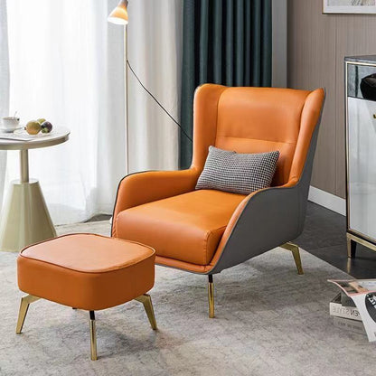 Modern Wingback Armchair Leather/Houndstooth Metal Legs & Optional Ottoman for Luxe Lounges