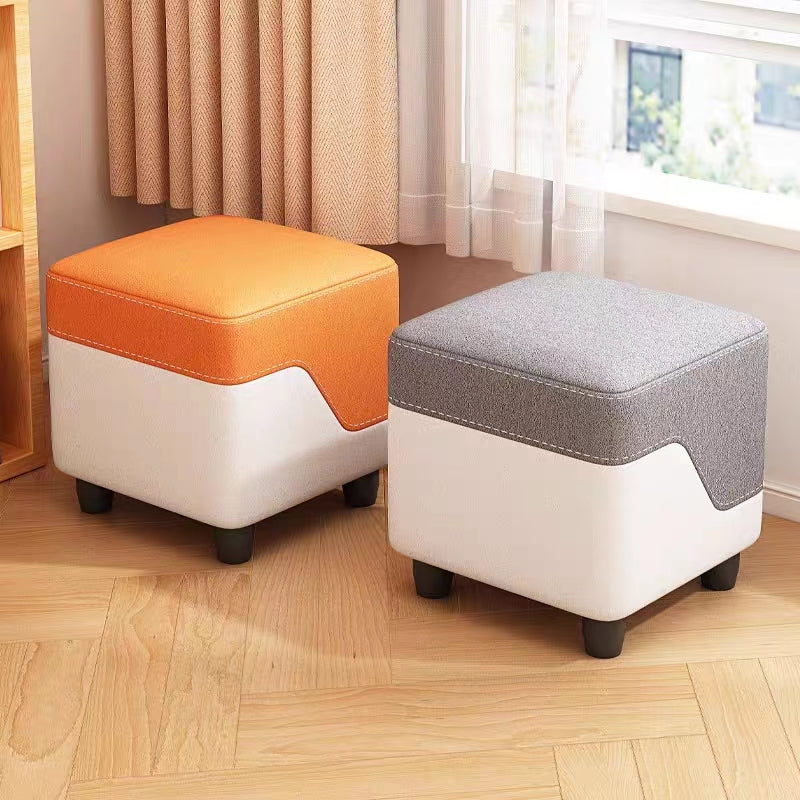 C07-SITMOD Compact Multi-Use Stool: Color-Block Tech Fabric, Solid Wood Frame, Versatile for Living Room, Entryway & Foot Rest