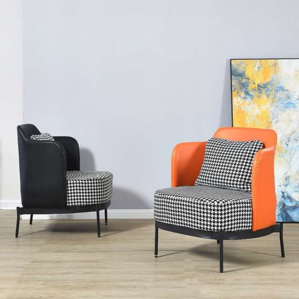 Modern Mixed-Material Armchair Leather & Houndstooth Fabric Black Metal Legs for Stylish Conversation Areas