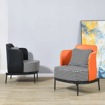 Modern Mixed-Material Armchair Leather & Houndstooth Fabric Black Metal Legs for Stylish Conversation Areas