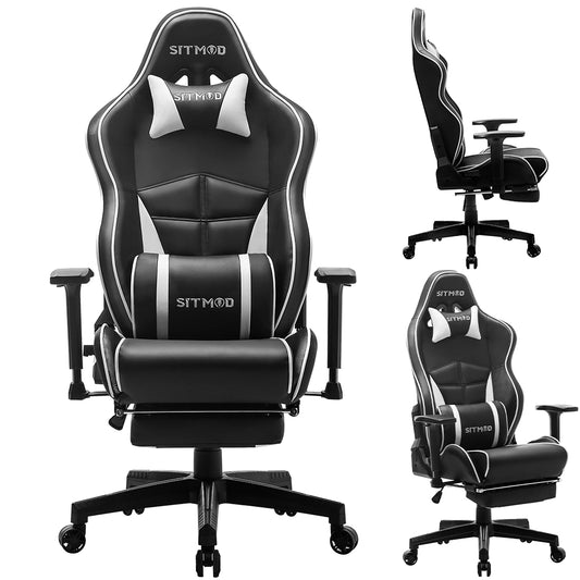 Black-White Ergonomic Gaming Chair Headrest, Lumbar Pillow Spine Support Adjustable Sturdy Base for Comfortable Gaming & Office Work Sessions