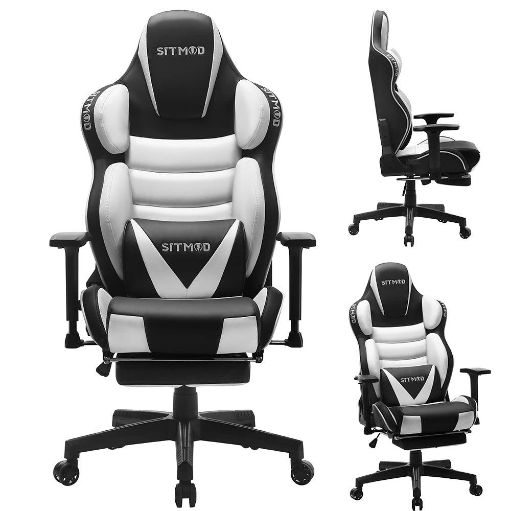 Black-White Ergonomic Gaming Chair Headrest Lumbar Pillow Spine Support Footrest Adjustable for Comfortable Gaming & Office Work Sessions