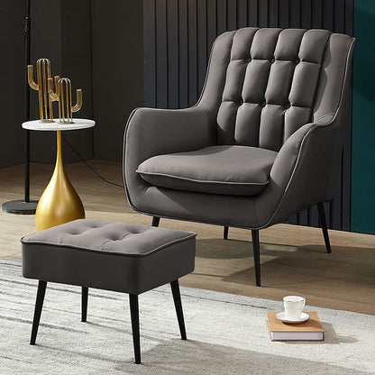 Tufted Wingback Armchair Velvet/Leather Upholstery Metal Legs & Matching Ottoman for Luxe Lounging