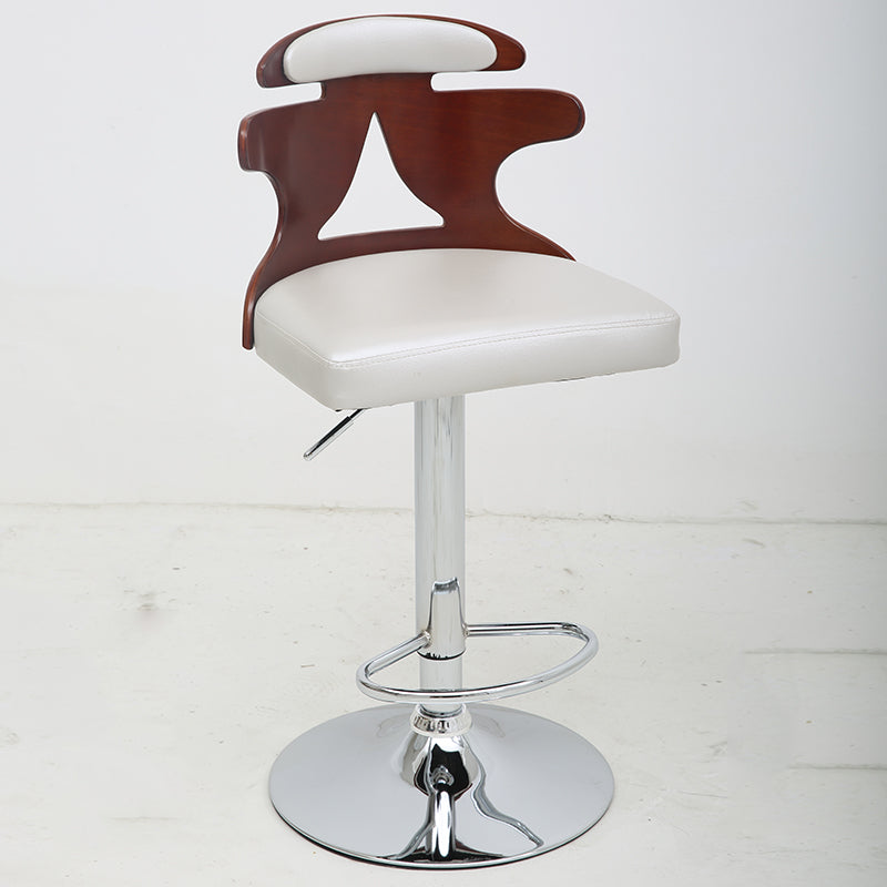 Adjustable Height Bar Stool Bentwood Cutout Backrest White Leather Cushion & Chrome Disc Base