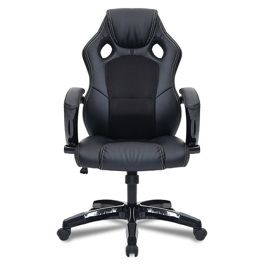 Black Leather-Mesh Gaming Chair Breathable Back Holes Adjustable Arms Ergonomic Support for Extended Gaming Office Work and Leisure