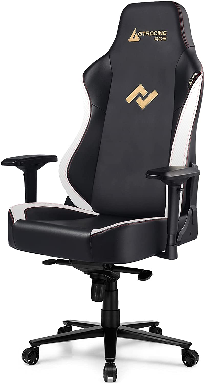 P02-Durable GTRACING ACE Gray Gaming Chair: Red Stitching, Adjustable Arms, Ergonomic Seating Support for Extended Gaming & Office Work Sessions