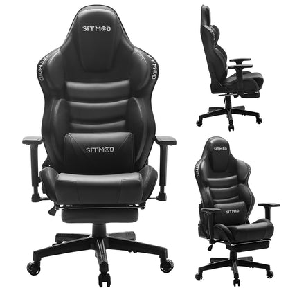 Black-White Ergonomic Gaming Chair Headrest Lumbar Pillow Spine Support Footrest Adjustable for Comfortable Gaming & Office Work Sessions