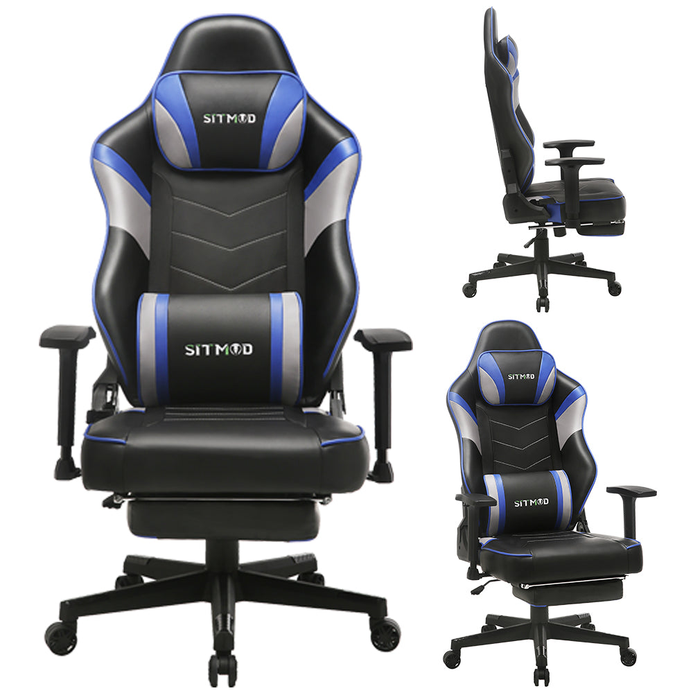 P08-SITMOD Black Leather Gaming Chair: Lumbar Pillow, Footrest, Adjustable Arms, Sturdy Base, Ergonomic Support for Gaming & Office Work Sessions