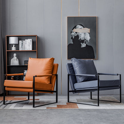 Contemporary Leather Armchair Black Metal Frame Plush Cushions & Pairing Sets for Modern Lounges