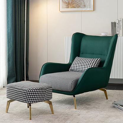 Modern Wingback Armchair Leather/Houndstooth Metal Legs & Optional Ottoman for Luxe Lounges