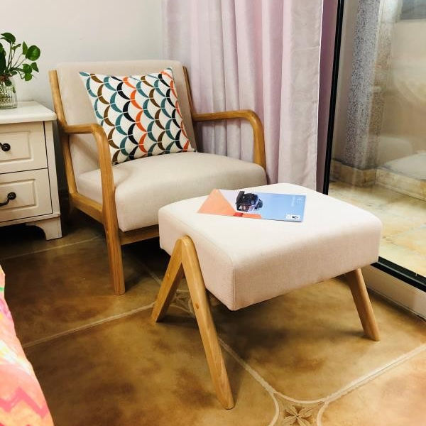 Nordic-Japanese Leisure Chair Light Wood Frame Fabric Cushions with Sofa & Ottoman Options