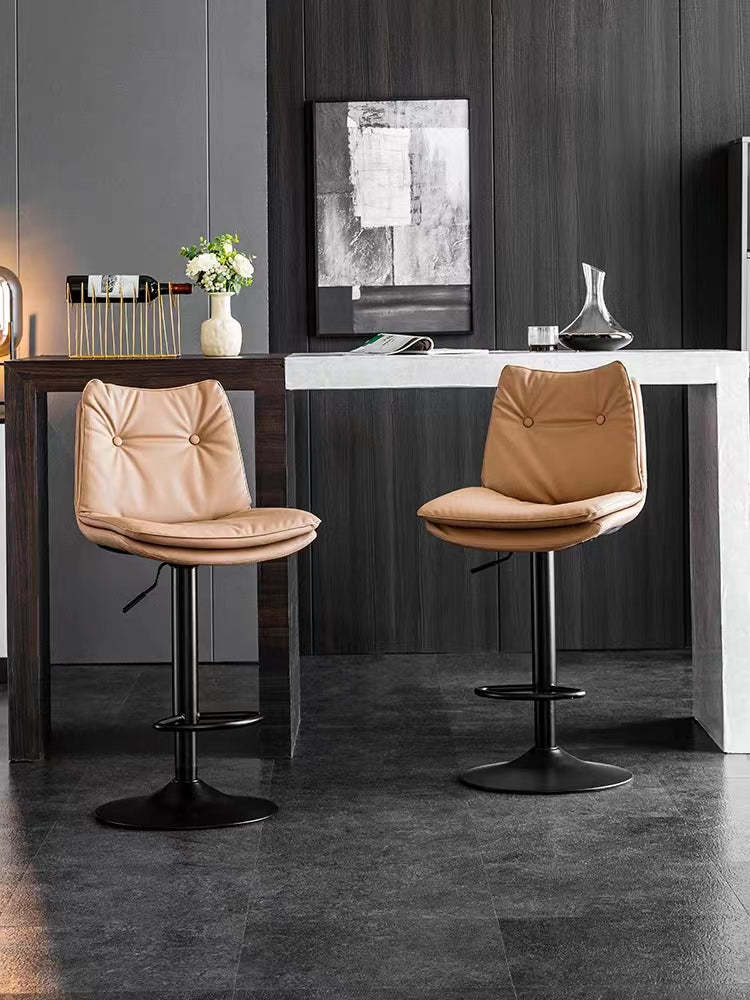 J42 Adjustable Height Bar Stool: Button-Tufted Upholstery, Matte Black Lift Pole & Disc Base