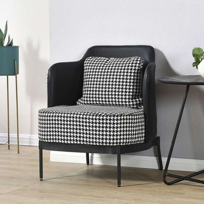 Modern Mixed-Material Armchair Leather & Houndstooth Fabric Black Metal Legs for Stylish Conversation Areas