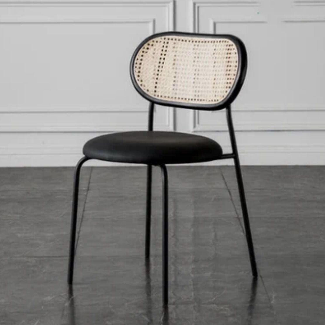 C-34-SITMOD Retro Breathable Dining Chair: Rattan Back, Metal Legs & Leather Cushion