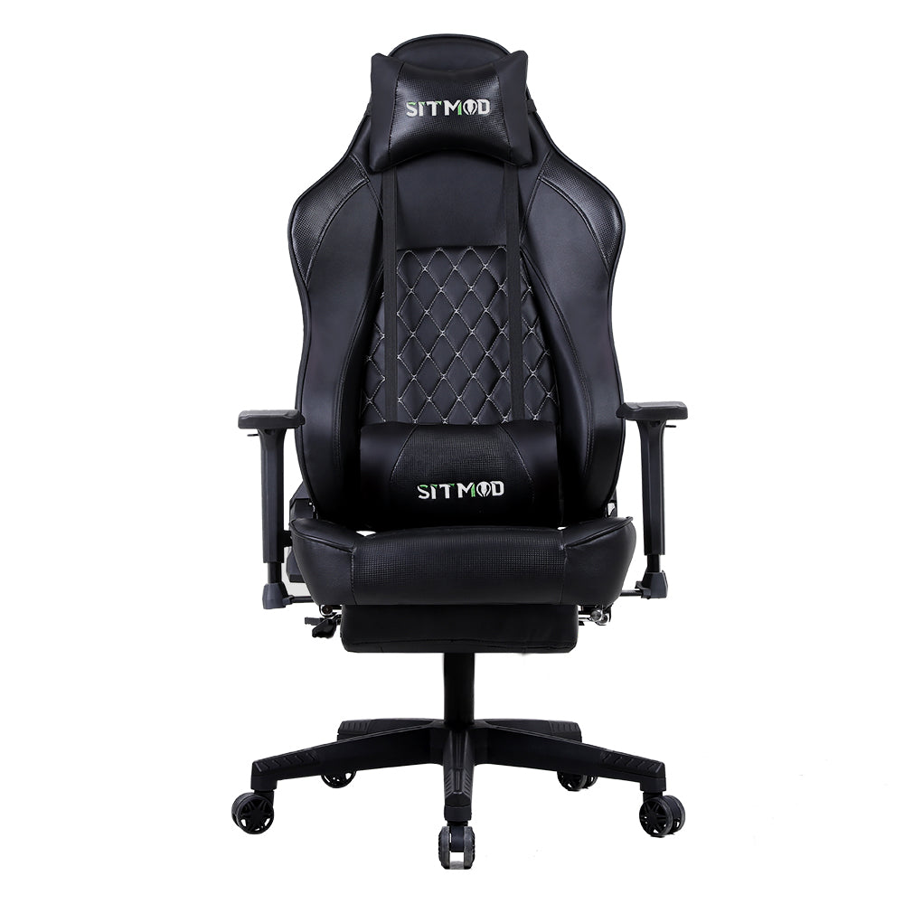 P03-SITMOD Black Quilted Gaming Chair: Headrest, Lumbar Pillow, Footrest, Sturdy Base, Adjustable Ergonomic Support for Gaming & Office Work Sessions