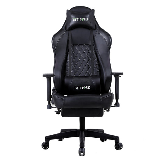 Black Quilted Gaming Chair Headrest, Lumbar Pillow Footrest Sturdy Base Adjustable Ergonomic Support for Gaming & Office Work Sessions