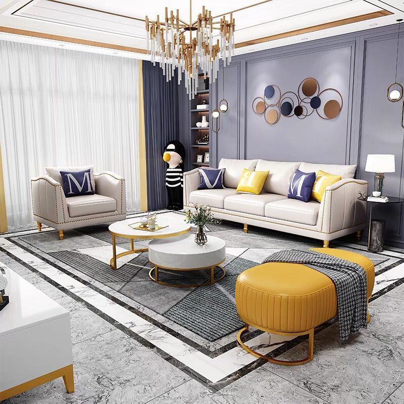 Luxury White Leather 3-Seater Sofa: Gold Rivet Trim, Golden Legs, Modern Elegant Design for Stylish Cozy Living Room Lounging Spaces