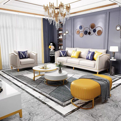 Luxury White Leather 3-Seater Sofa Gold Rivet Trim Golden Legs Modern Elegant Design for Stylish Cozy Living Room Lounging Spaces