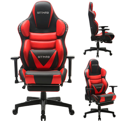 Black-White Ergonomic Gaming Chair Headrest Lumbar Pillow Spine Support Footrest Adjustable for Comfortable Gaming & Office Work Sessions