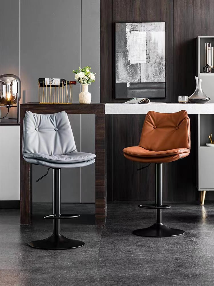 J42 Adjustable Height Bar Stool: Button-Tufted Upholstery, Matte Black Lift Pole & Disc Base