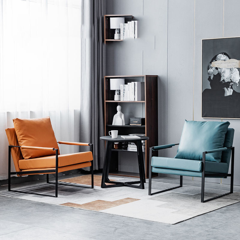 Contemporary Leather Armchair Black Metal Frame Plush Cushions & Pairing Sets for Modern Lounges