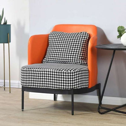 Modern Mixed-Material Armchair Leather & Houndstooth Fabric Black Metal Legs for Stylish Conversation Areas