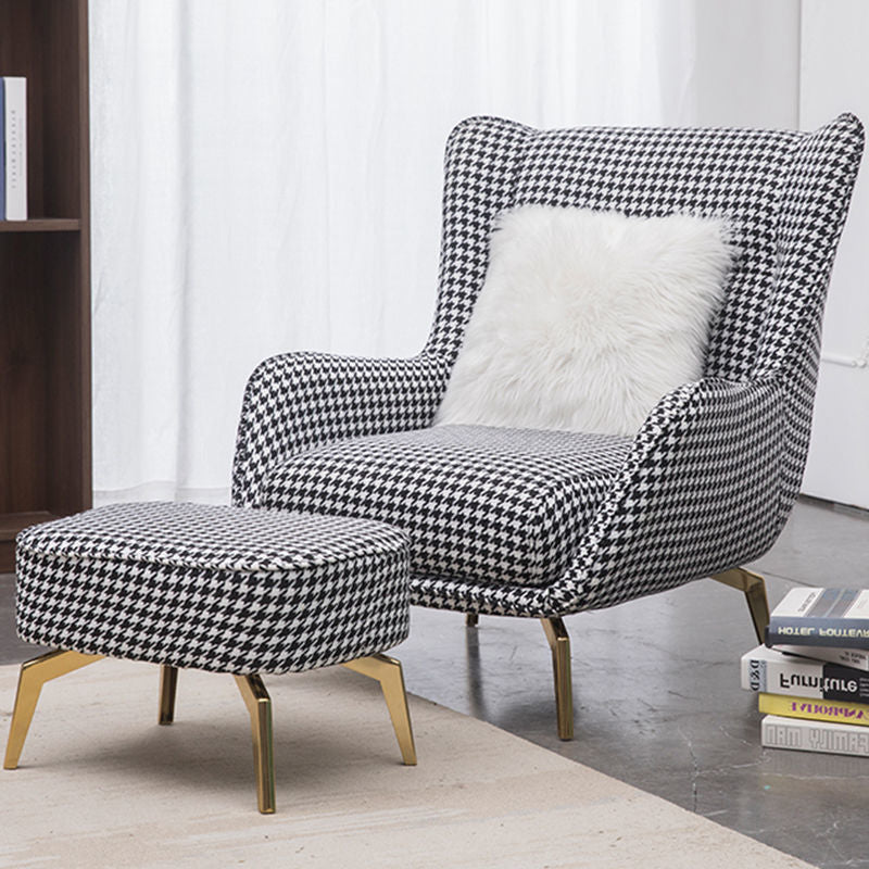 Modern Wingback Armchair Leather/Houndstooth Metal Legs & Optional Ottoman for Luxe Lounges