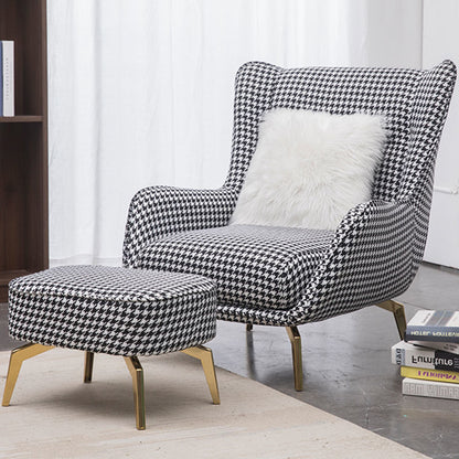 Modern Wingback Armchair Leather/Houndstooth Metal Legs & Optional Ottoman for Luxe Lounges